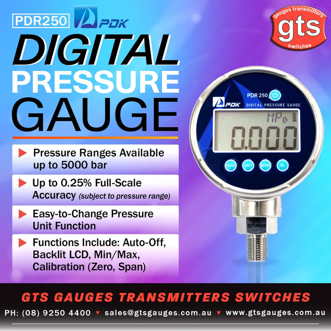 PDK PDR250 Digital Pressure Gauge – 0.25% FS Accuracy, 80mm Dial, 1/4" BSPP